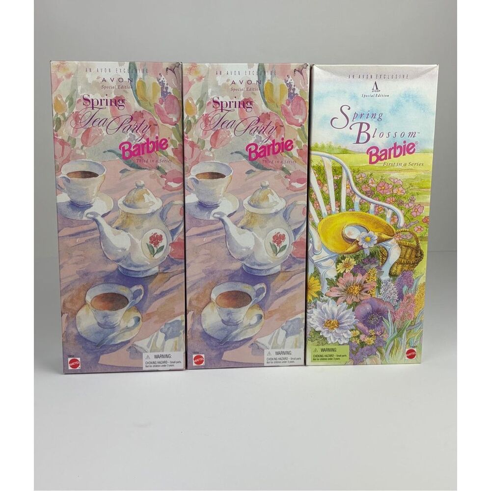 Avon Spring Blossom & Spring Tea Party Barbie Dolls Blonde & Brunette NRFB - 3